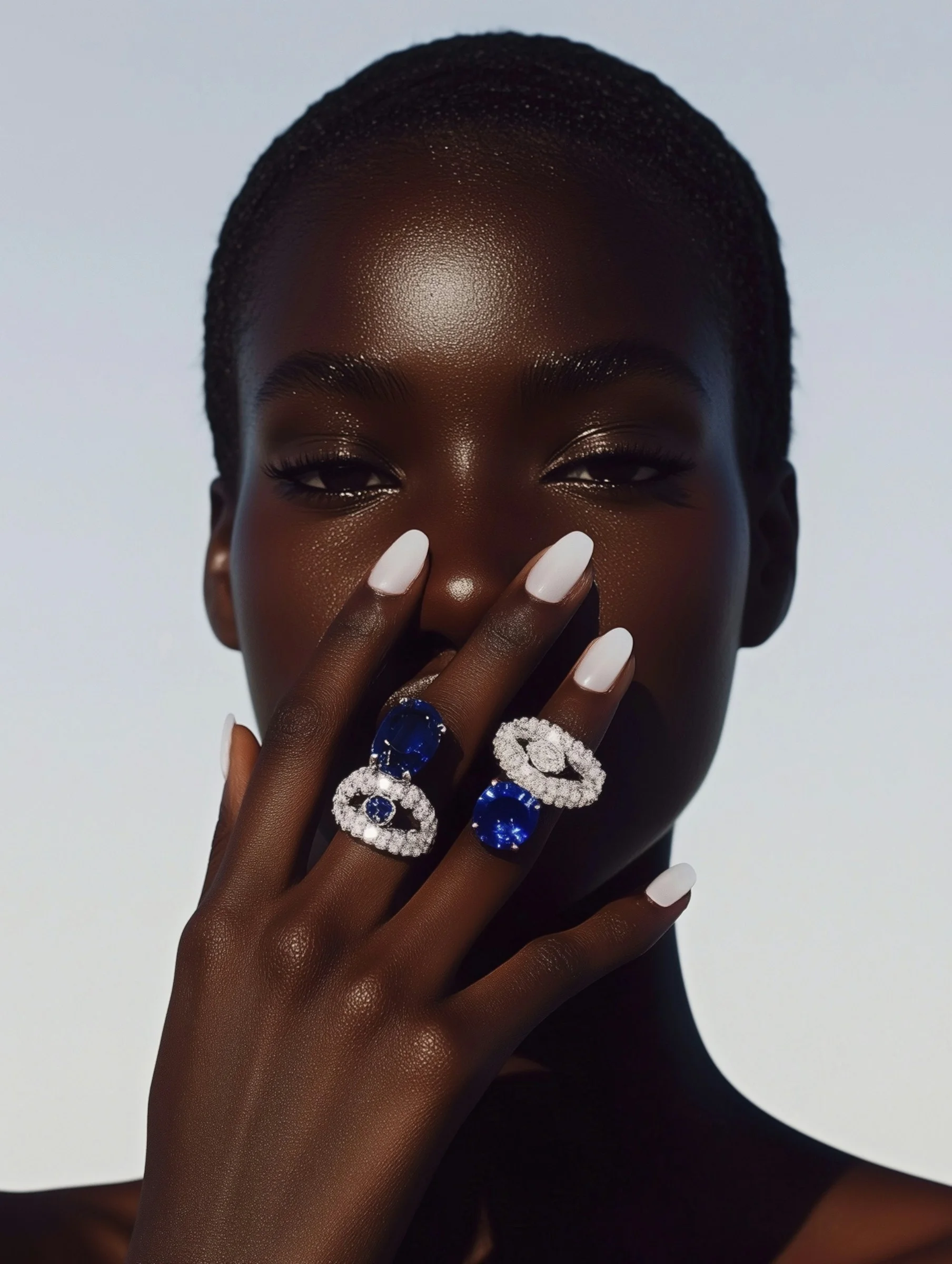 Editorial AI-generated portrait of a virtual influencer with natural skin and soft studio lighting