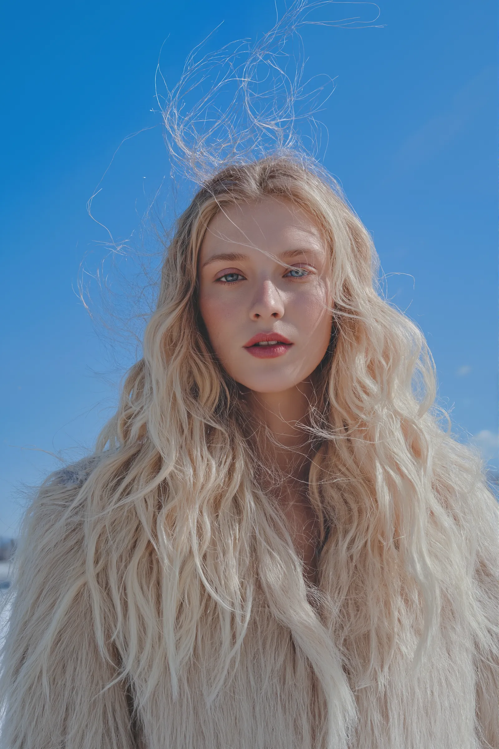 Photorealistic AI-generated portrait with windswept blonde hair against a bright blue sky